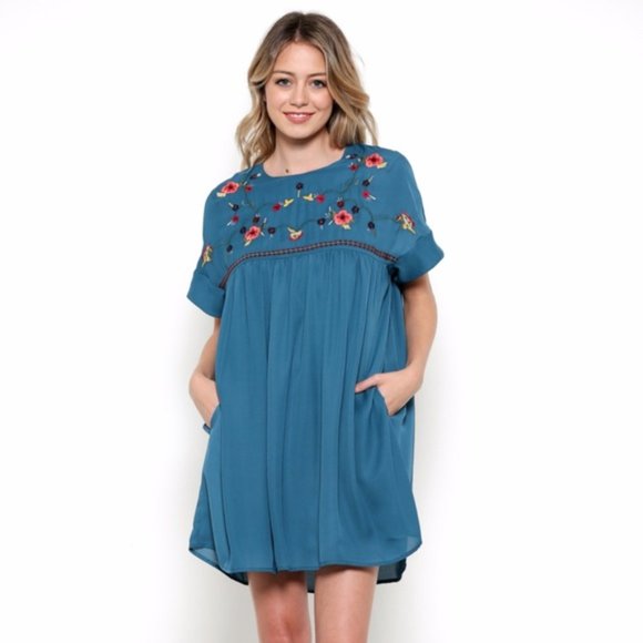 ESLEY Babydoll Dress Floral Embroidery Blue Black - Picture 5 of 9